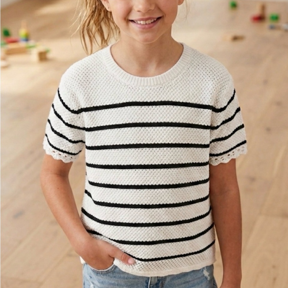 Abercrombie Kids Girls Crochet Striped Short Sleeve Sweater Top White Black 9/10